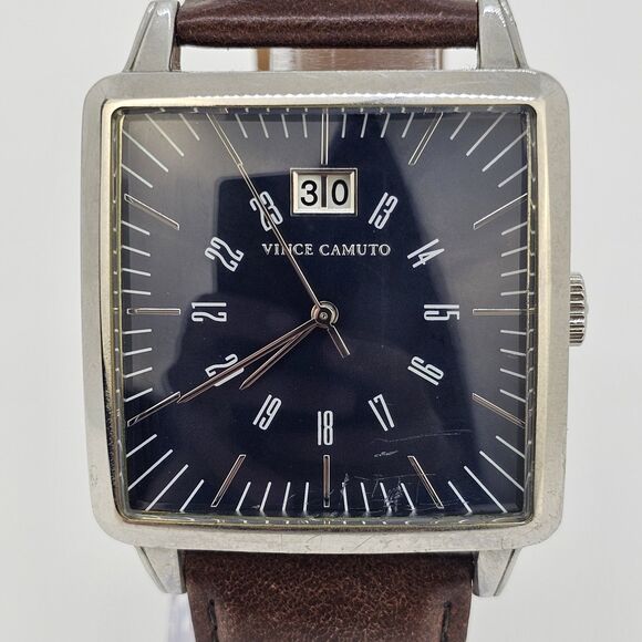 Vince Camuto Men's Watch 38MM Blue Dial Date Brown Leather Bands New Battery - Picture 3 of 15